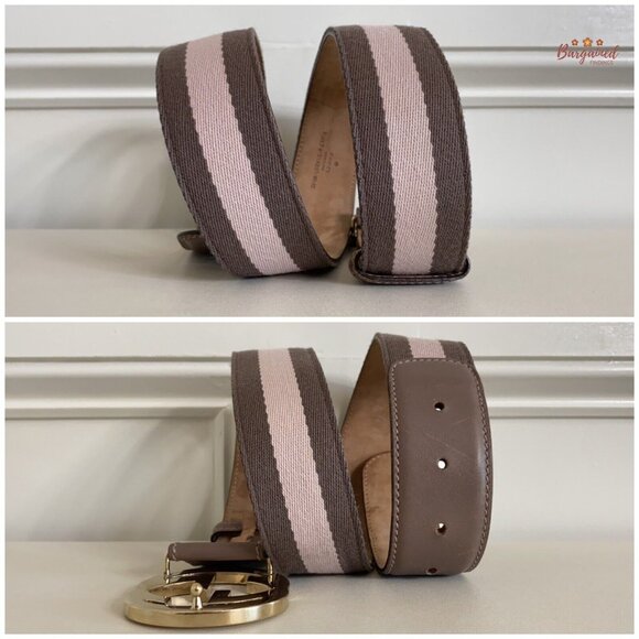 Authentic Gucci Taupe/Pink Web Leather Gold Interlocking G Buckle Belt 80/32 - Picture 8 of 13